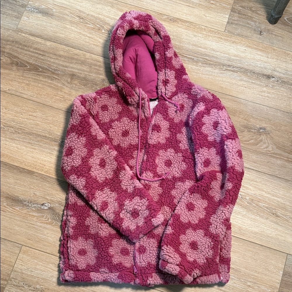 PAC SUN | HOODED SHERPA JACKET | PURPLE WITH PINK FLOWERS